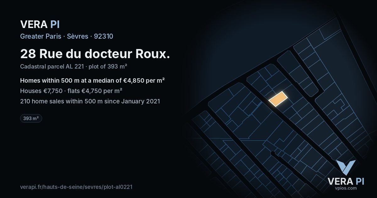 28 Rue du docteur Roux, Sèvres at night – the plot lit, the parcels around coloured by the prices near them