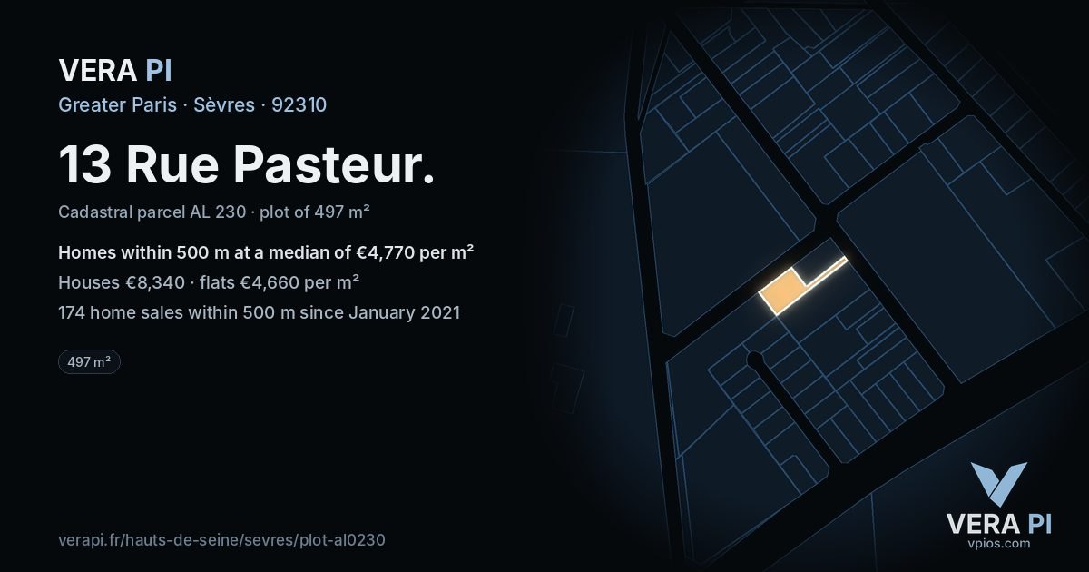 13 Rue Pasteur, Sèvres at night – the plot lit, the parcels around coloured by the prices near them