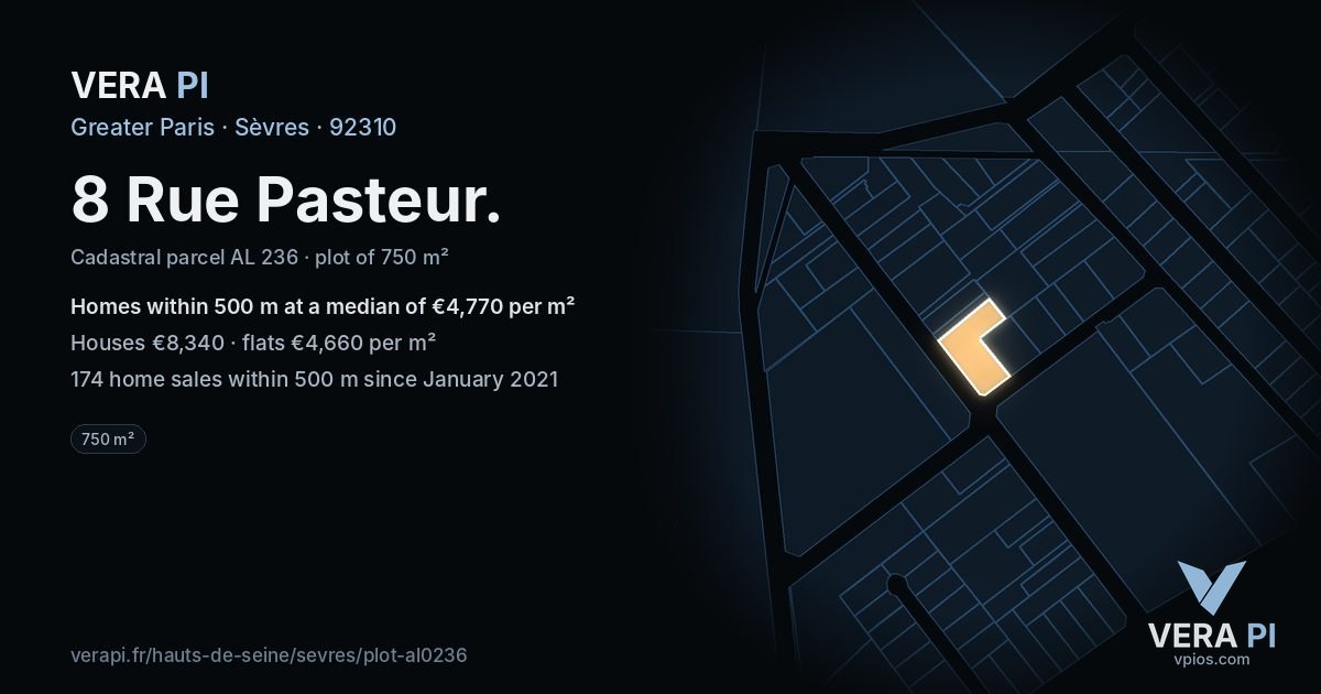 8 Rue Pasteur, Sèvres at night – the plot lit, the parcels around coloured by the prices near them