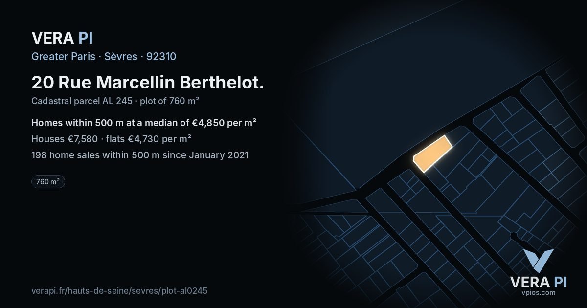 20 Rue Marcellin Berthelot, Sèvres at night – the plot lit, the parcels around coloured by the prices near them