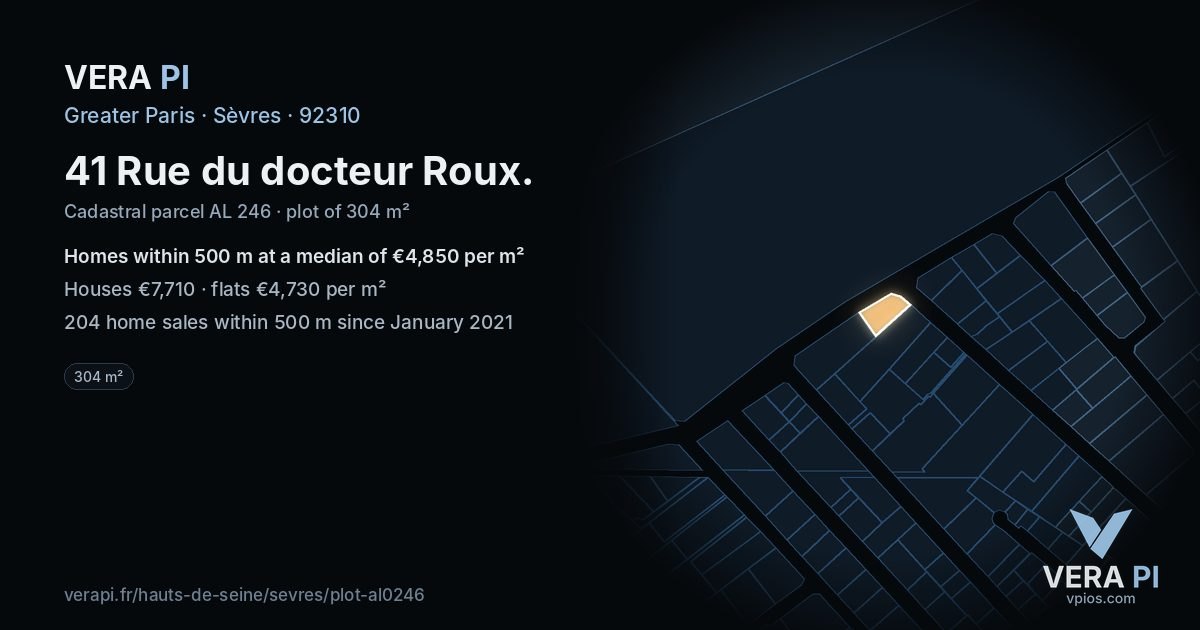 41 Rue du docteur Roux, Sèvres at night – the plot lit, the parcels around coloured by the prices near them