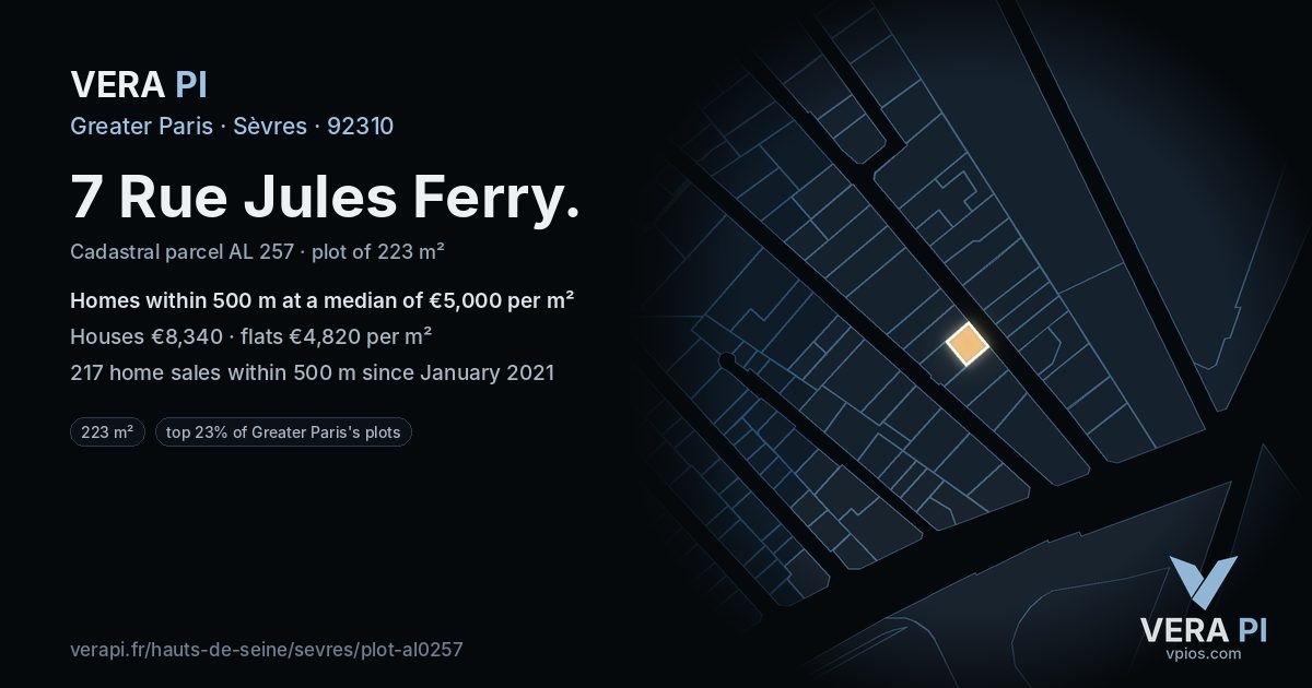 7 Rue Jules Ferry, Sèvres at night – the plot lit, the parcels around coloured by the prices near them