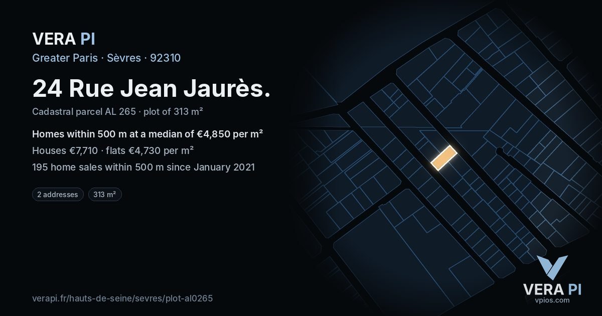 24 Rue Jean Jaurès, Sèvres at night – the plot lit, the parcels around coloured by the prices near them