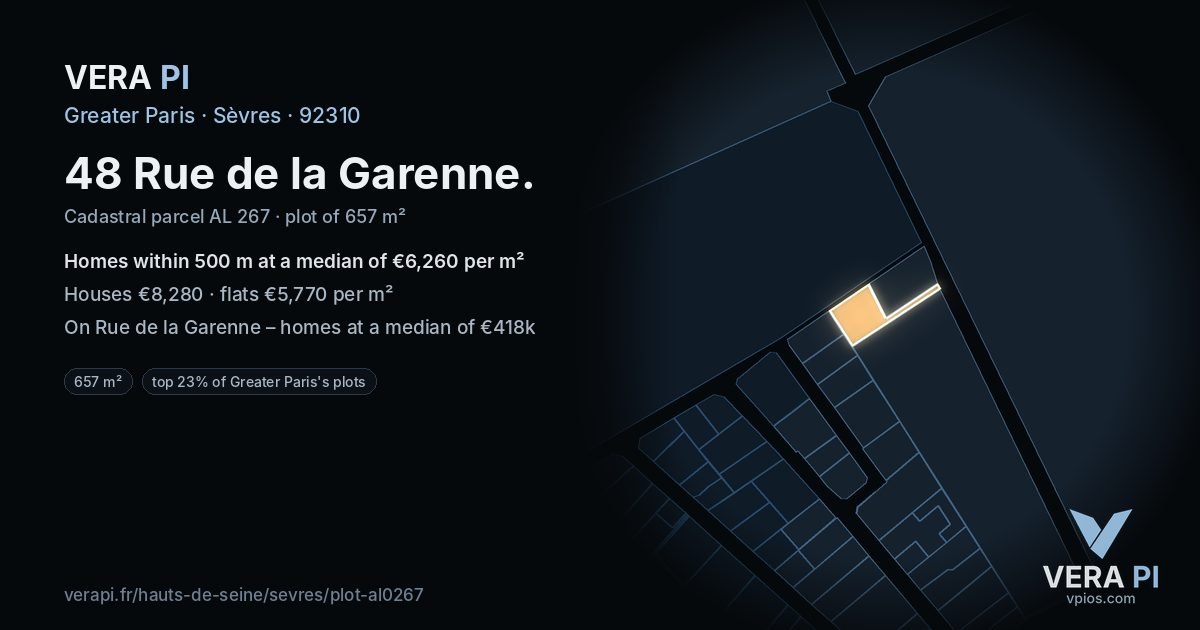 48 Rue de la Garenne, Sèvres at night – the plot lit, the parcels around coloured by the prices near them