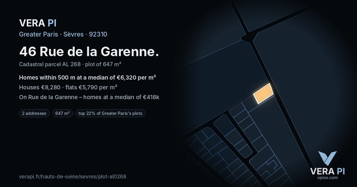 46 Rue de la Garenne, Sèvres at night – the plot lit, the parcels around coloured by the prices near them