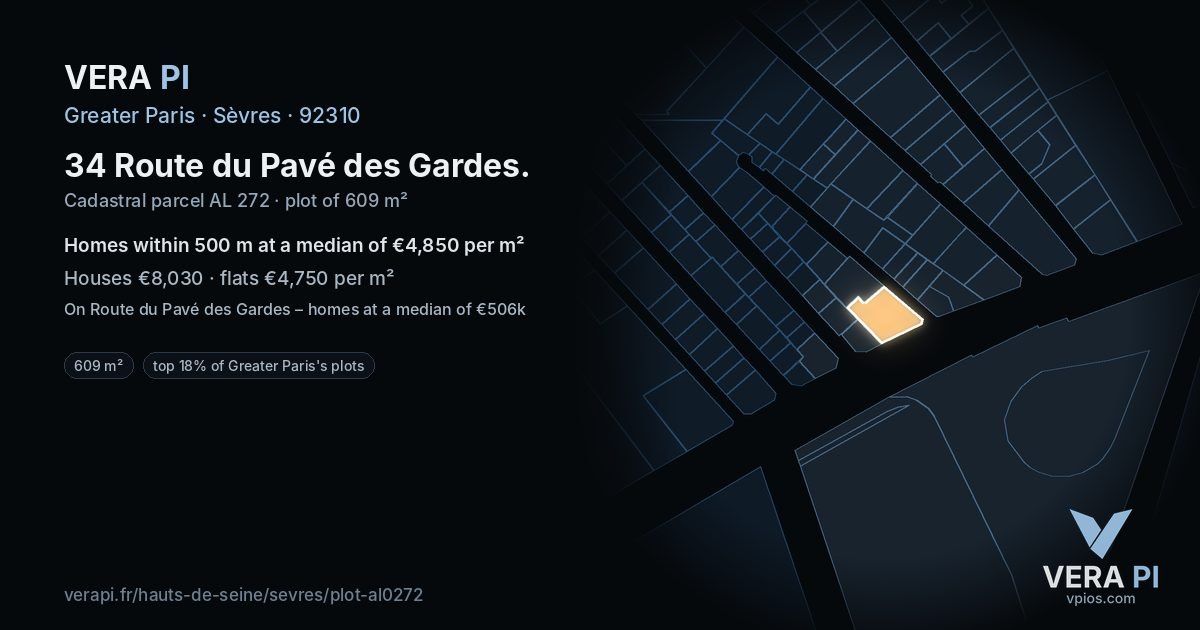 34 Route du Pavé des Gardes, Sèvres at night – the plot lit, the parcels around coloured by the prices near them