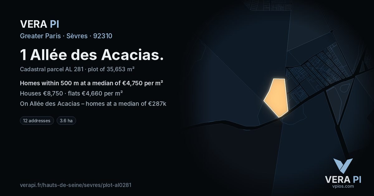 1 Allée des Acacias, Sèvres at night – the plot lit, the parcels around coloured by the prices near them