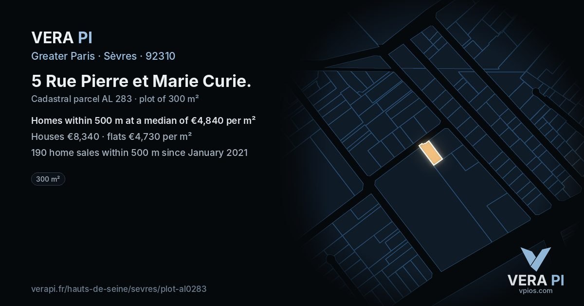 5 Rue Pierre et Marie Curie, Sèvres at night – the plot lit, the parcels around coloured by the prices near them