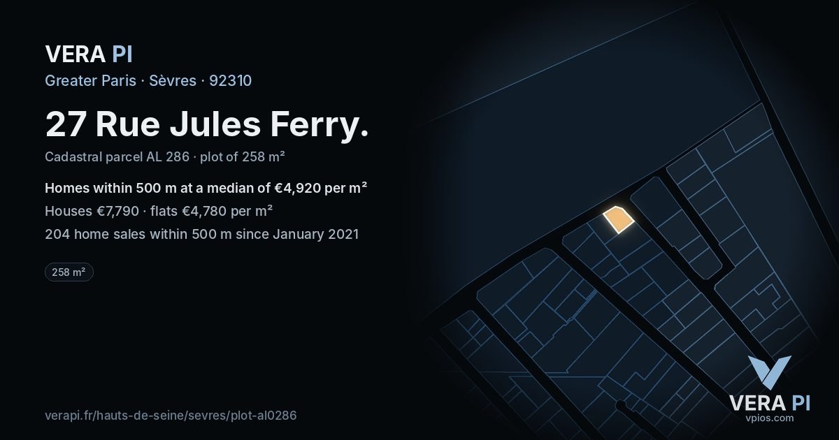 27 Rue Jules Ferry, Sèvres at night – the plot lit, the parcels around coloured by the prices near them