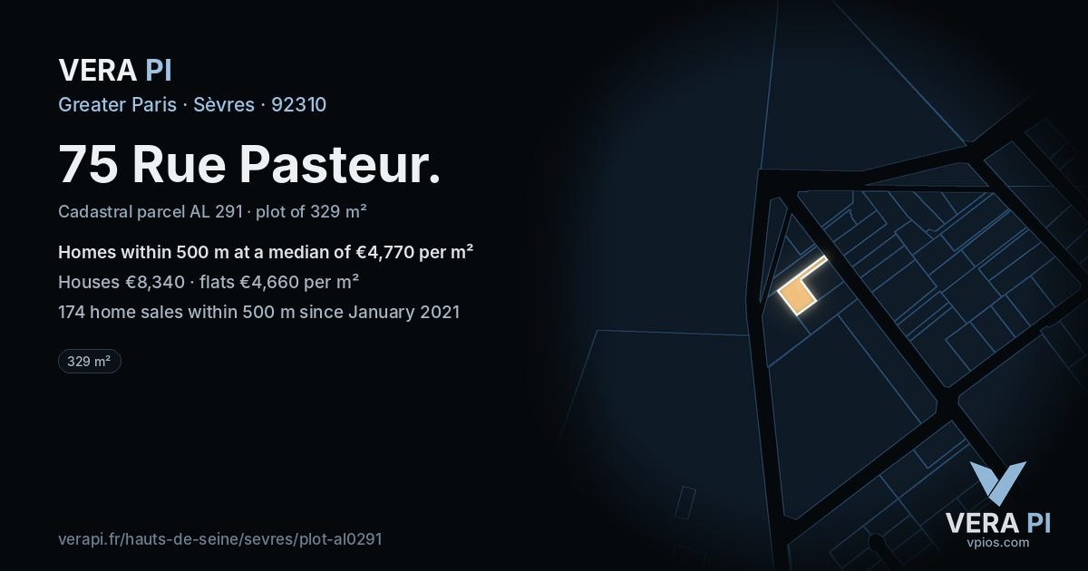 75 Rue Pasteur, Sèvres at night – the plot lit, the parcels around coloured by the prices near them