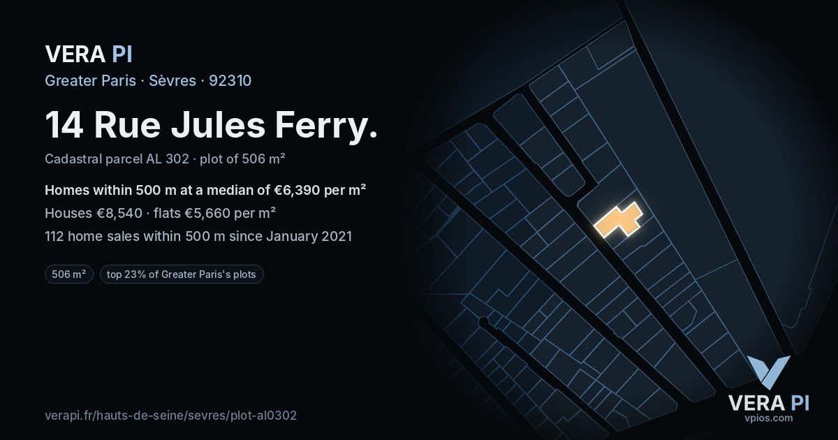 14 Rue Jules Ferry, Sèvres at night – the plot lit, the parcels around coloured by the prices near them
