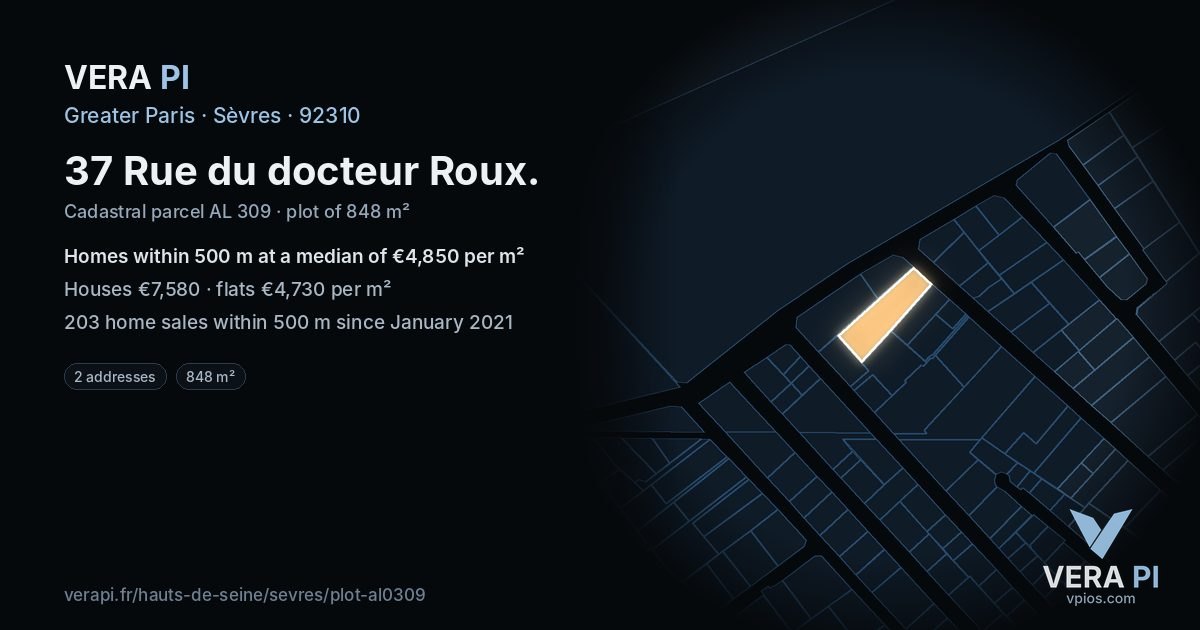 37 Rue du docteur Roux, Sèvres at night – the plot lit, the parcels around coloured by the prices near them
