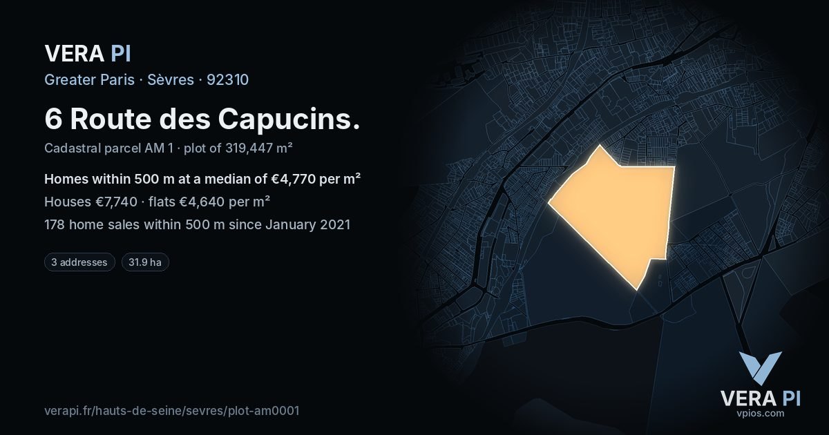 6 Route des Capucins, Sèvres at night – the plot lit, the parcels around coloured by the prices near them