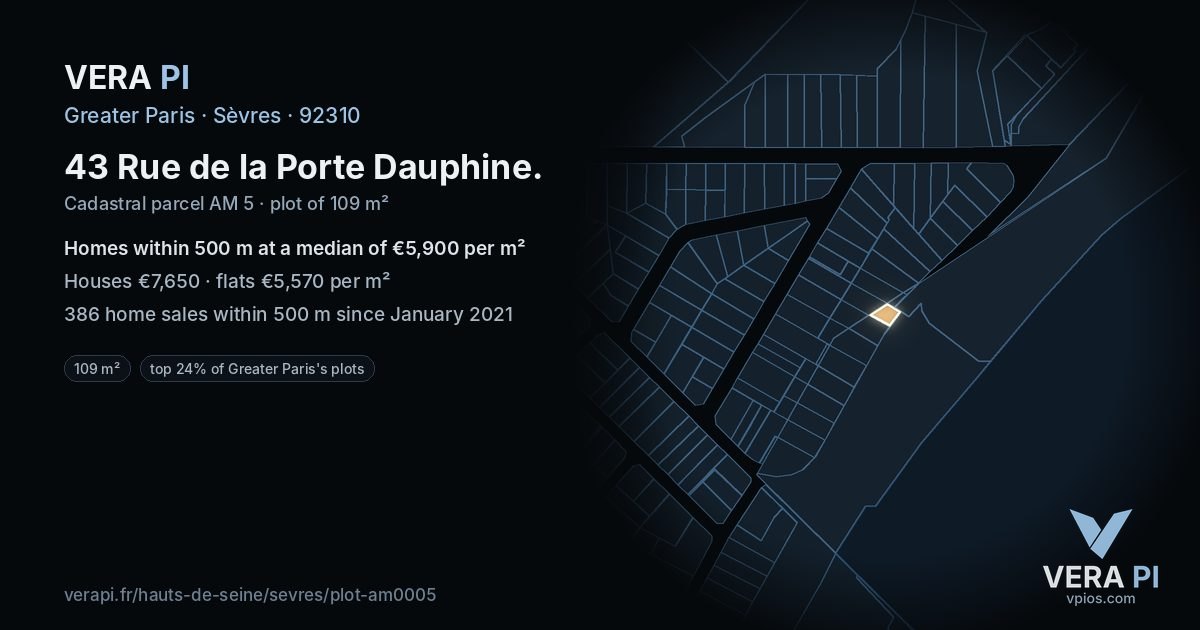 43 Rue de la Porte Dauphine, Sèvres at night – the plot lit, the parcels around coloured by the prices near them
