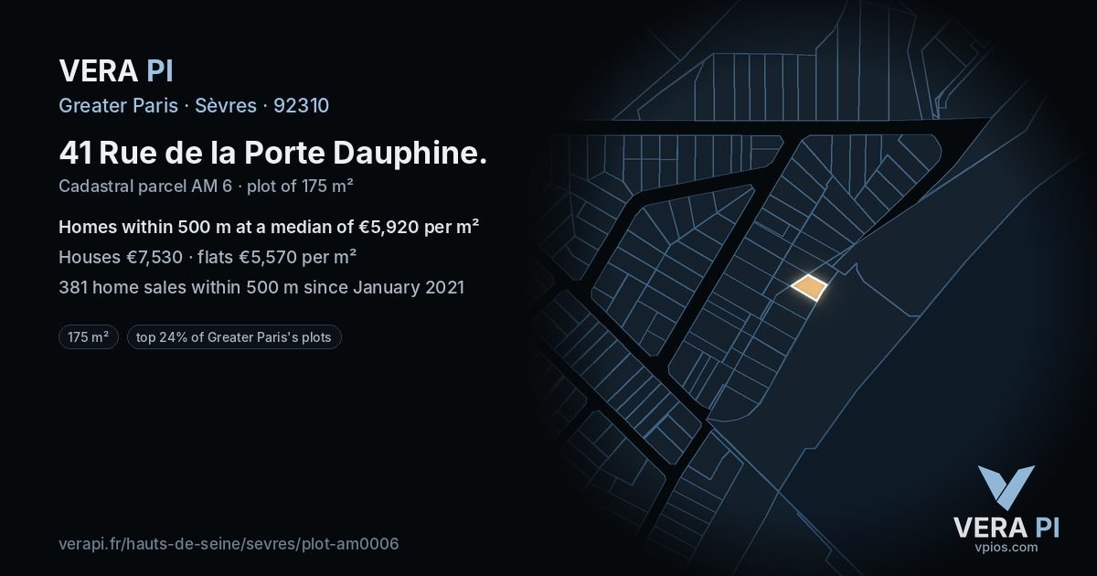 41 Rue de la Porte Dauphine, Sèvres at night – the plot lit, the parcels around coloured by the prices near them