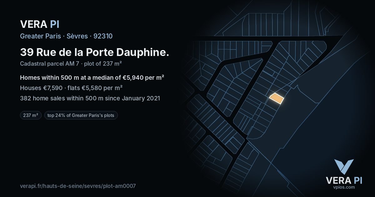 39 Rue de la Porte Dauphine, Sèvres at night – the plot lit, the parcels around coloured by the prices near them