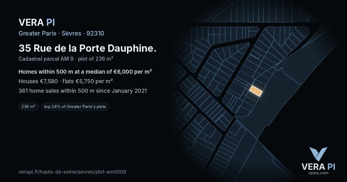 35 Rue de la Porte Dauphine, Sèvres at night – the plot lit, the parcels around coloured by the prices near them