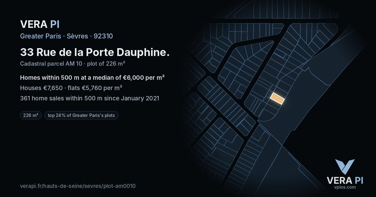 33 Rue de la Porte Dauphine, Sèvres at night – the plot lit, the parcels around coloured by the prices near them