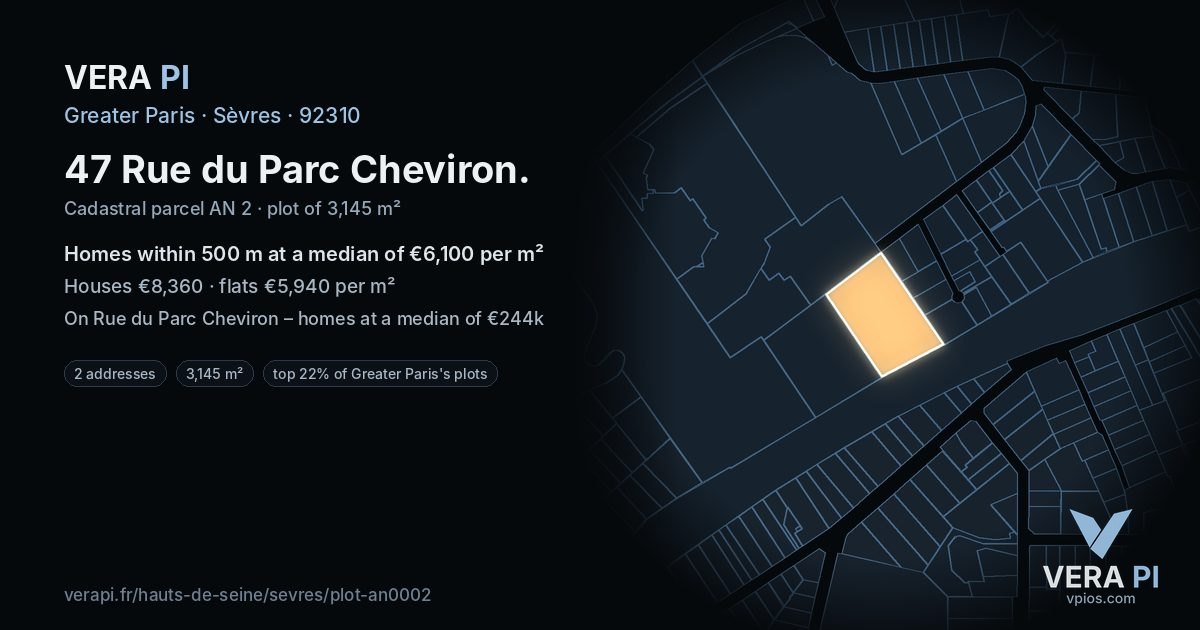 47 Rue du Parc Cheviron, Sèvres at night – the plot lit, the parcels around coloured by the prices near them