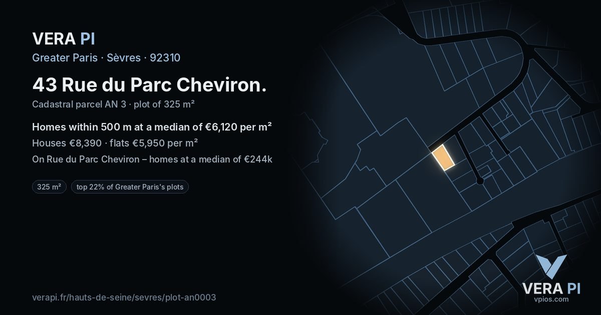 43 Rue du Parc Cheviron, Sèvres at night – the plot lit, the parcels around coloured by the prices near them
