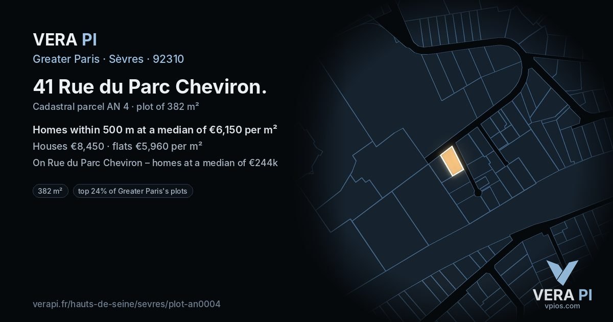 41 Rue du Parc Cheviron, Sèvres at night – the plot lit, the parcels around coloured by the prices near them