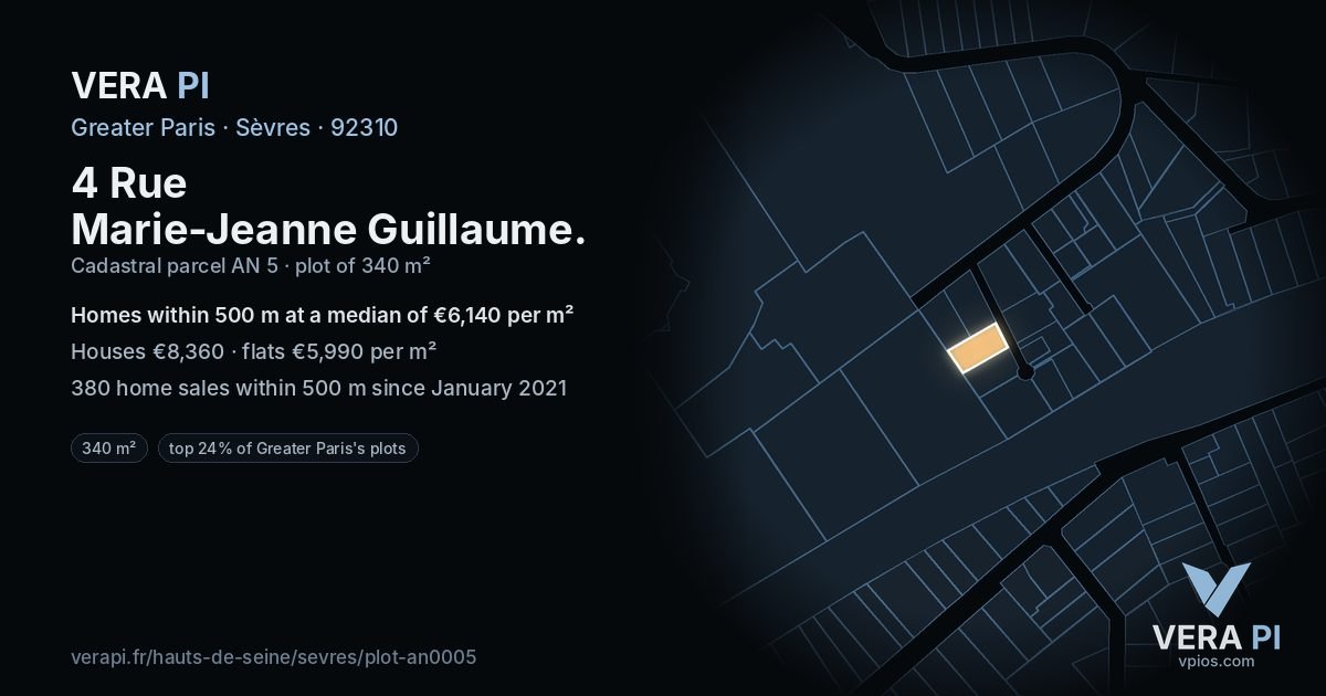 4 Rue Marie-Jeanne Guillaume, Sèvres at night – the plot lit, the parcels around coloured by the prices near them