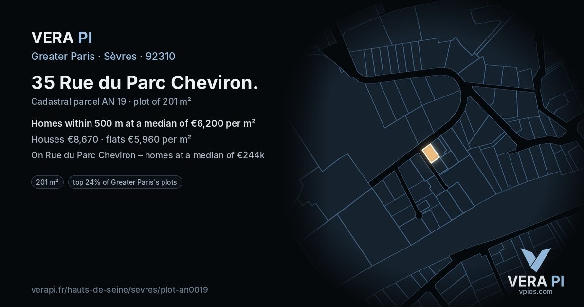 35 Rue du Parc Cheviron, Sèvres at night – the plot lit, the parcels around coloured by the prices near them