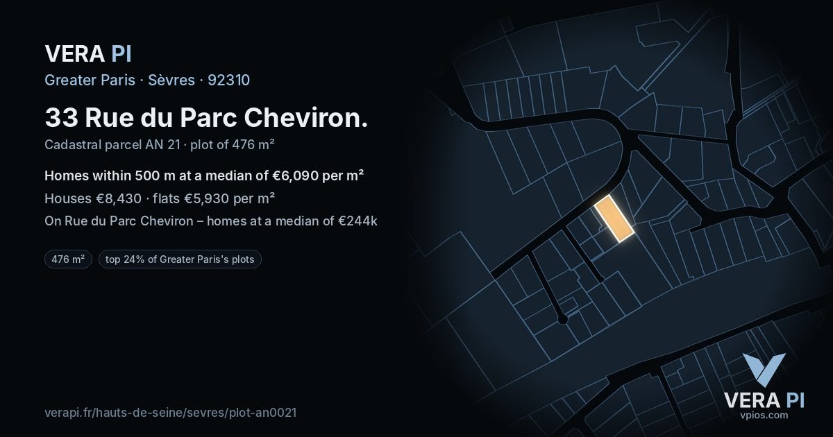33 Rue du Parc Cheviron, Sèvres at night – the plot lit, the parcels around coloured by the prices near them