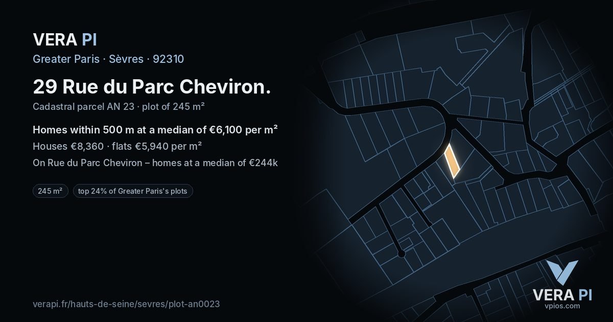 29 Rue du Parc Cheviron, Sèvres at night – the plot lit, the parcels around coloured by the prices near them