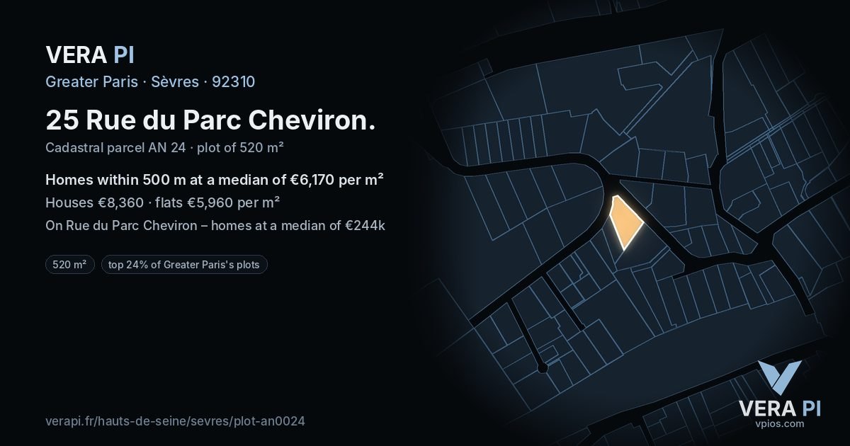 25 Rue du Parc Cheviron, Sèvres at night – the plot lit, the parcels around coloured by the prices near them