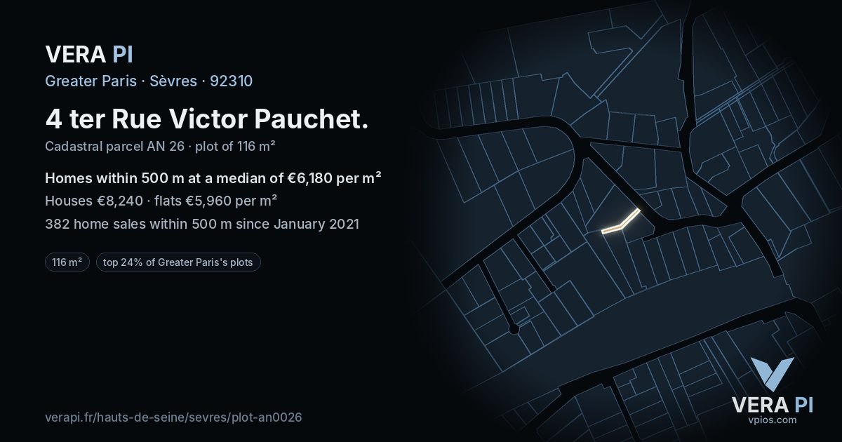 4 ter Rue Victor Pauchet, Sèvres at night – the plot lit, the parcels around coloured by the prices near them