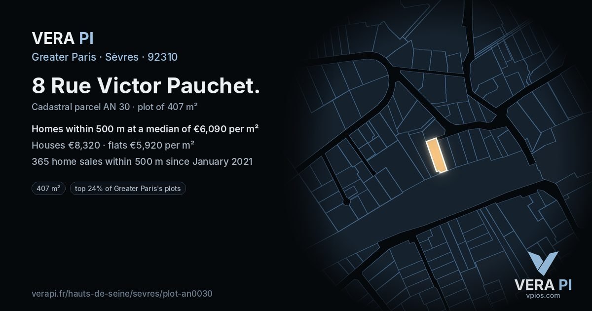 8 Rue Victor Pauchet, Sèvres at night – the plot lit, the parcels around coloured by the prices near them