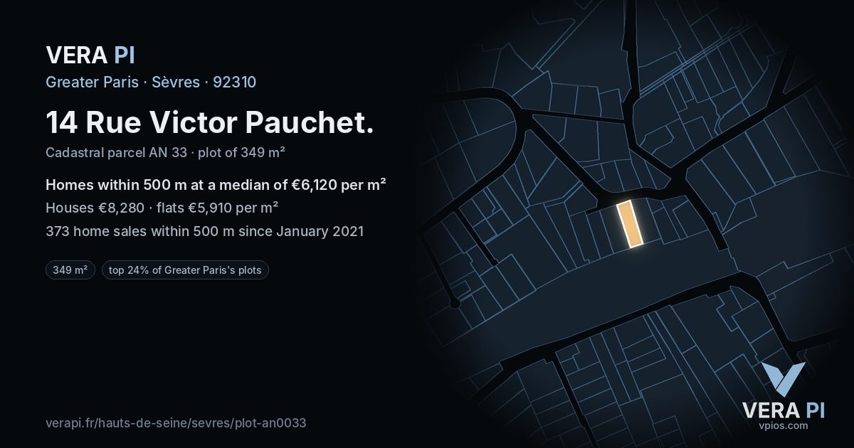 14 Rue Victor Pauchet, Sèvres at night – the plot lit, the parcels around coloured by the prices near them