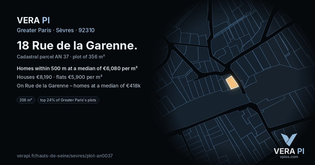 18 Rue de la Garenne, Sèvres at night – the plot lit, the parcels around coloured by the prices near them