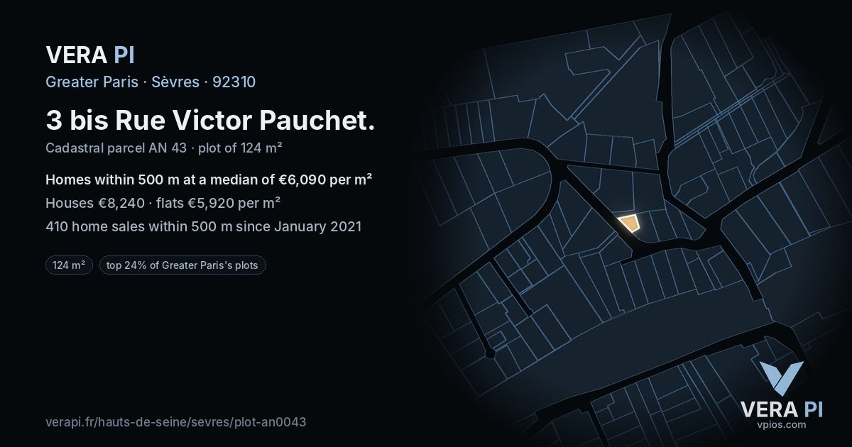 3 bis Rue Victor Pauchet, Sèvres at night – the plot lit, the parcels around coloured by the prices near them