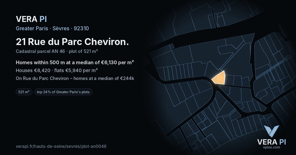 21 Rue du Parc Cheviron, Sèvres at night – the plot lit, the parcels around coloured by the prices near them