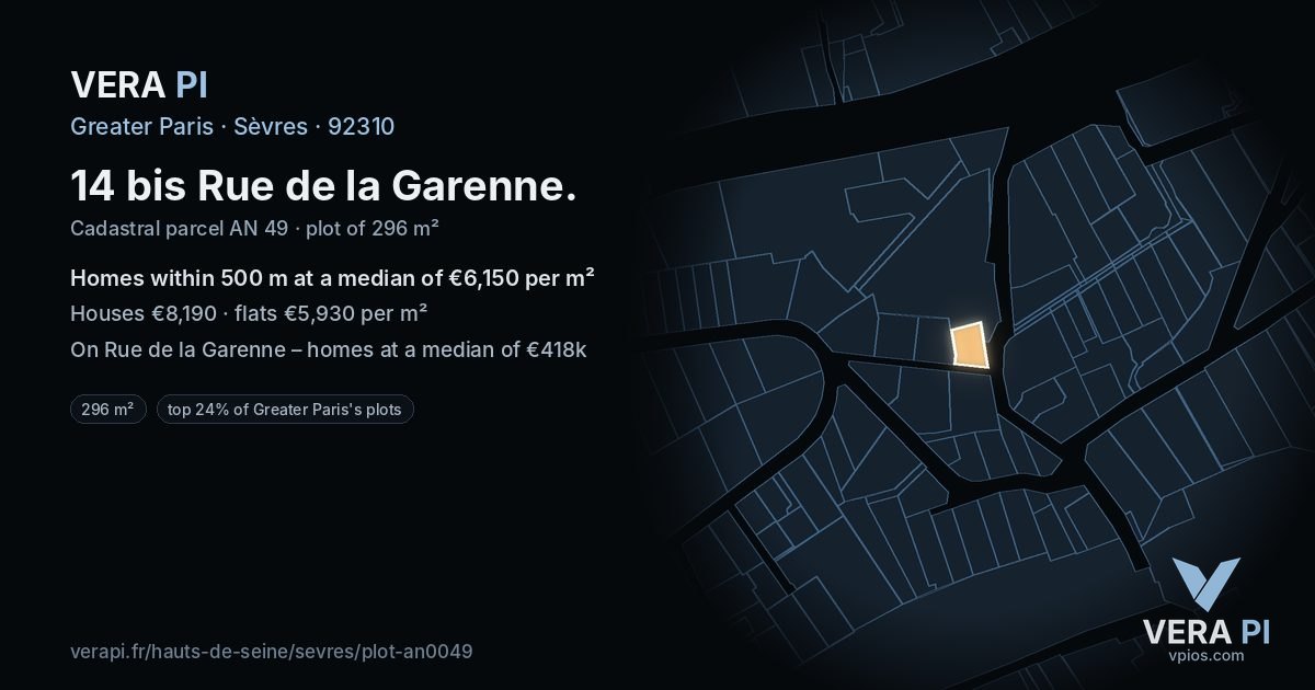 14 bis Rue de la Garenne, Sèvres at night – the plot lit, the parcels around coloured by the prices near them