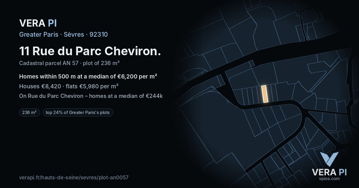 11 Rue du Parc Cheviron, Sèvres at night – the plot lit, the parcels around coloured by the prices near them