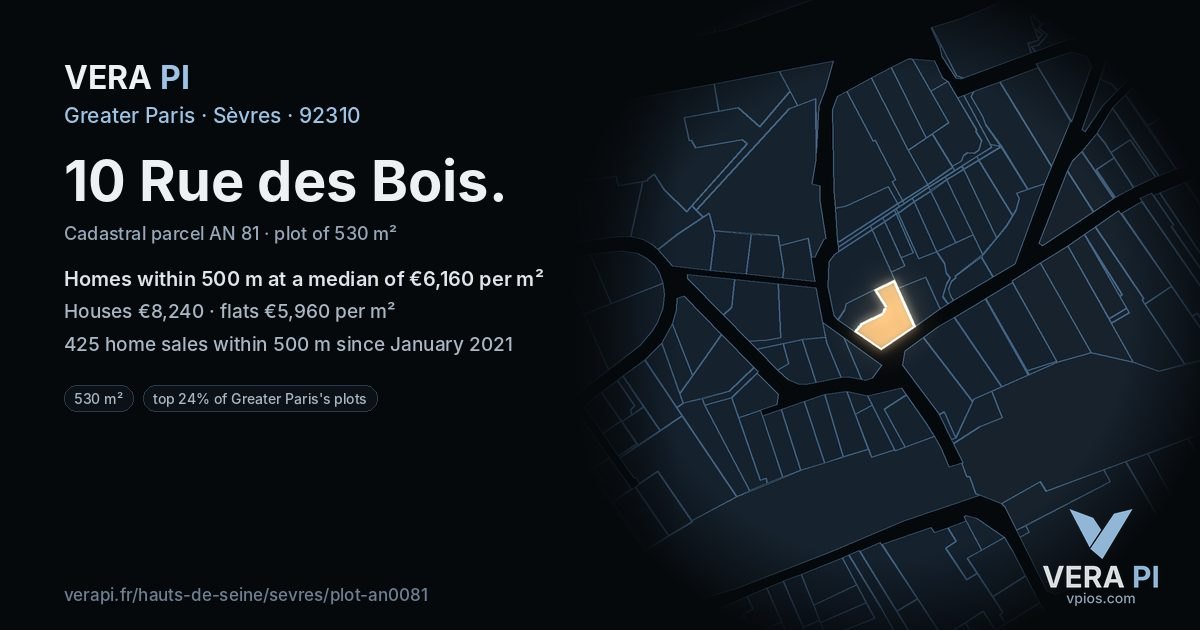 10 Rue des Bois, Sèvres at night – the plot lit, the parcels around coloured by the prices near them