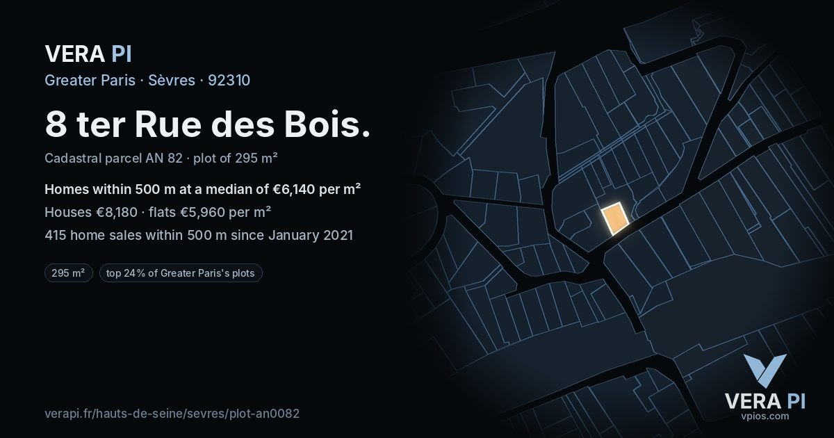 8 ter Rue des Bois, Sèvres at night – the plot lit, the parcels around coloured by the prices near them