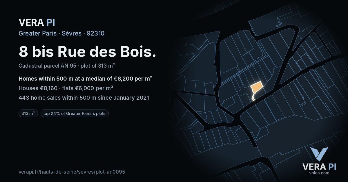 8 bis Rue des Bois, Sèvres at night – the plot lit, the parcels around coloured by the prices near them