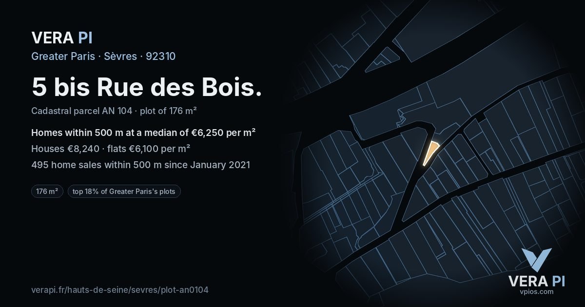 5 bis Rue des Bois, Sèvres at night – the plot lit, the parcels around coloured by the prices near them