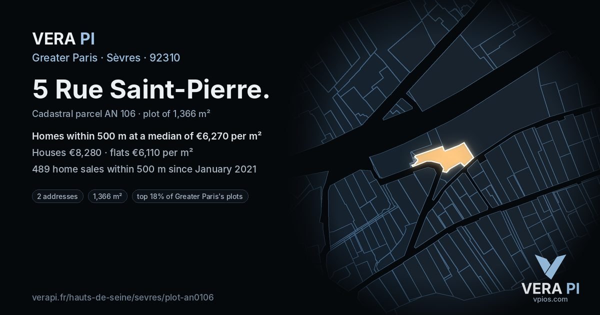 5 Rue Saint-Pierre, Sèvres at night – the plot lit, the parcels around coloured by the prices near them