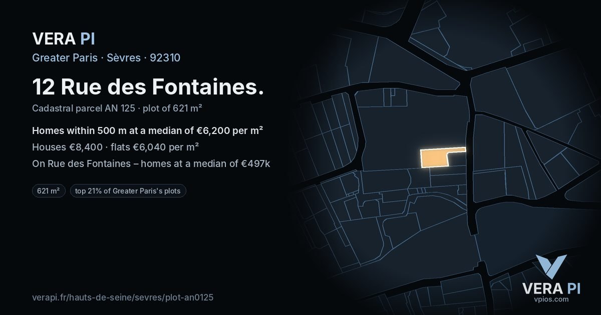 12 Rue des Fontaines, Sèvres at night – the plot lit, the parcels around coloured by the prices near them