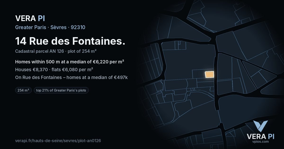 14 Rue des Fontaines, Sèvres at night – the plot lit, the parcels around coloured by the prices near them