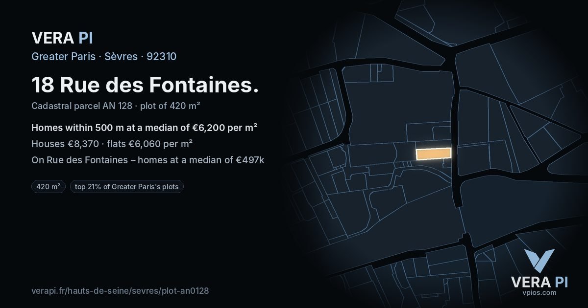 18 Rue des Fontaines, Sèvres at night – the plot lit, the parcels around coloured by the prices near them