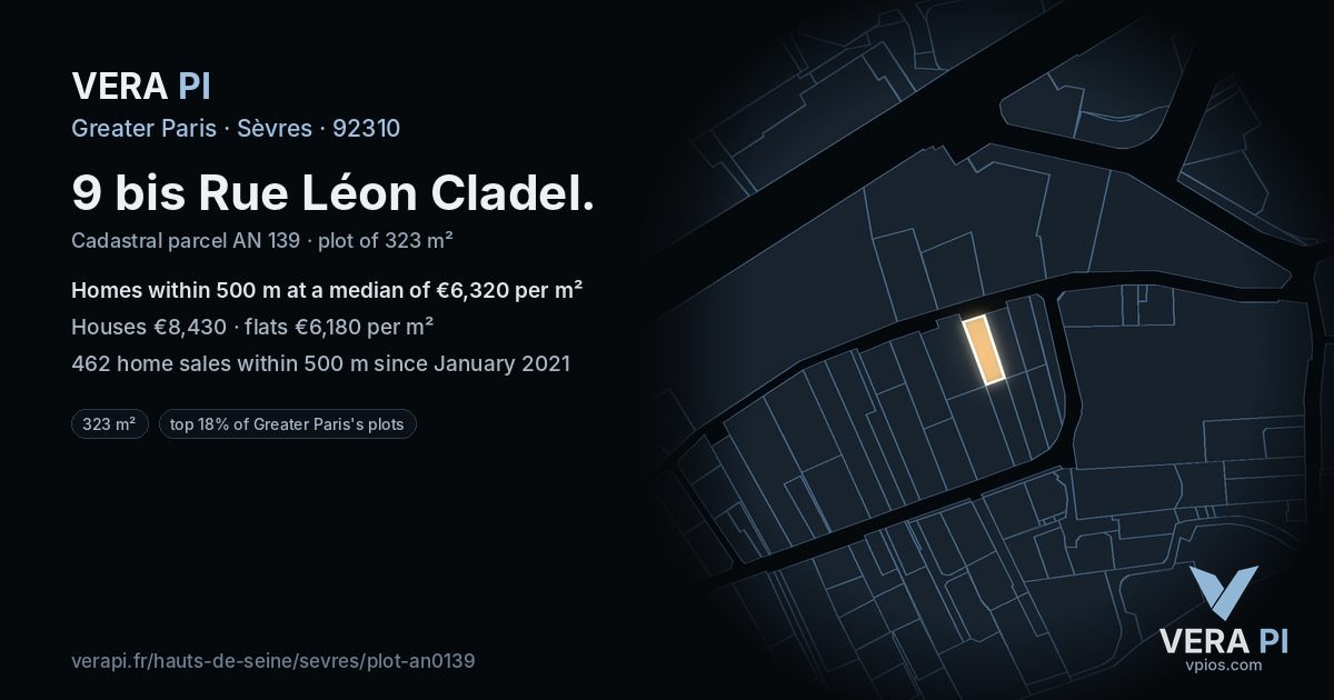 9 bis Rue Léon Cladel, Sèvres at night – the plot lit, the parcels around coloured by the prices near them