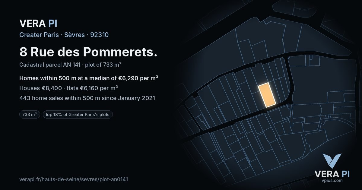 8 Rue des Pommerets, Sèvres at night – the plot lit, the parcels around coloured by the prices near them