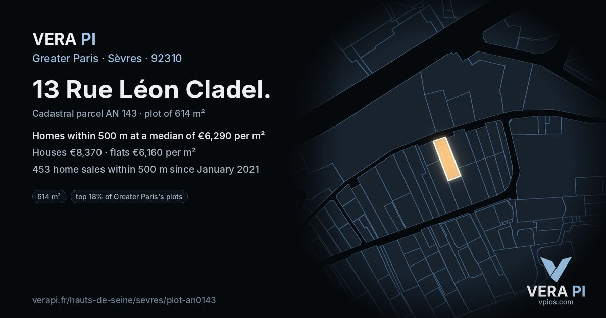 13 Rue Léon Cladel, Sèvres at night – the plot lit, the parcels around coloured by the prices near them