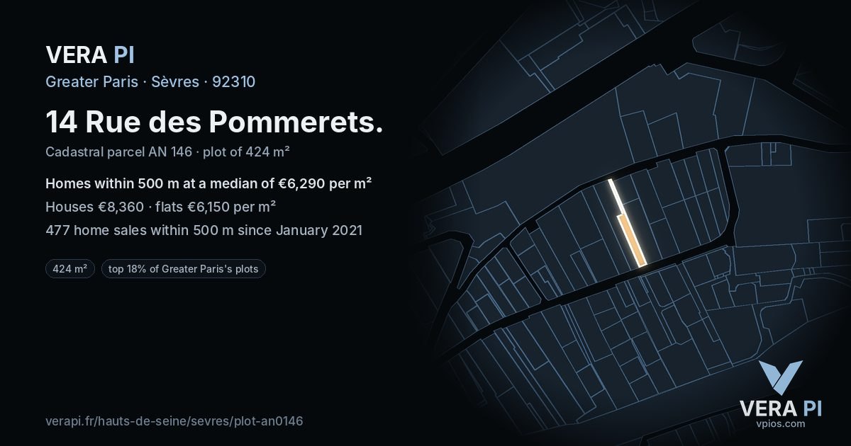 14 Rue des Pommerets, Sèvres at night – the plot lit, the parcels around coloured by the prices near them